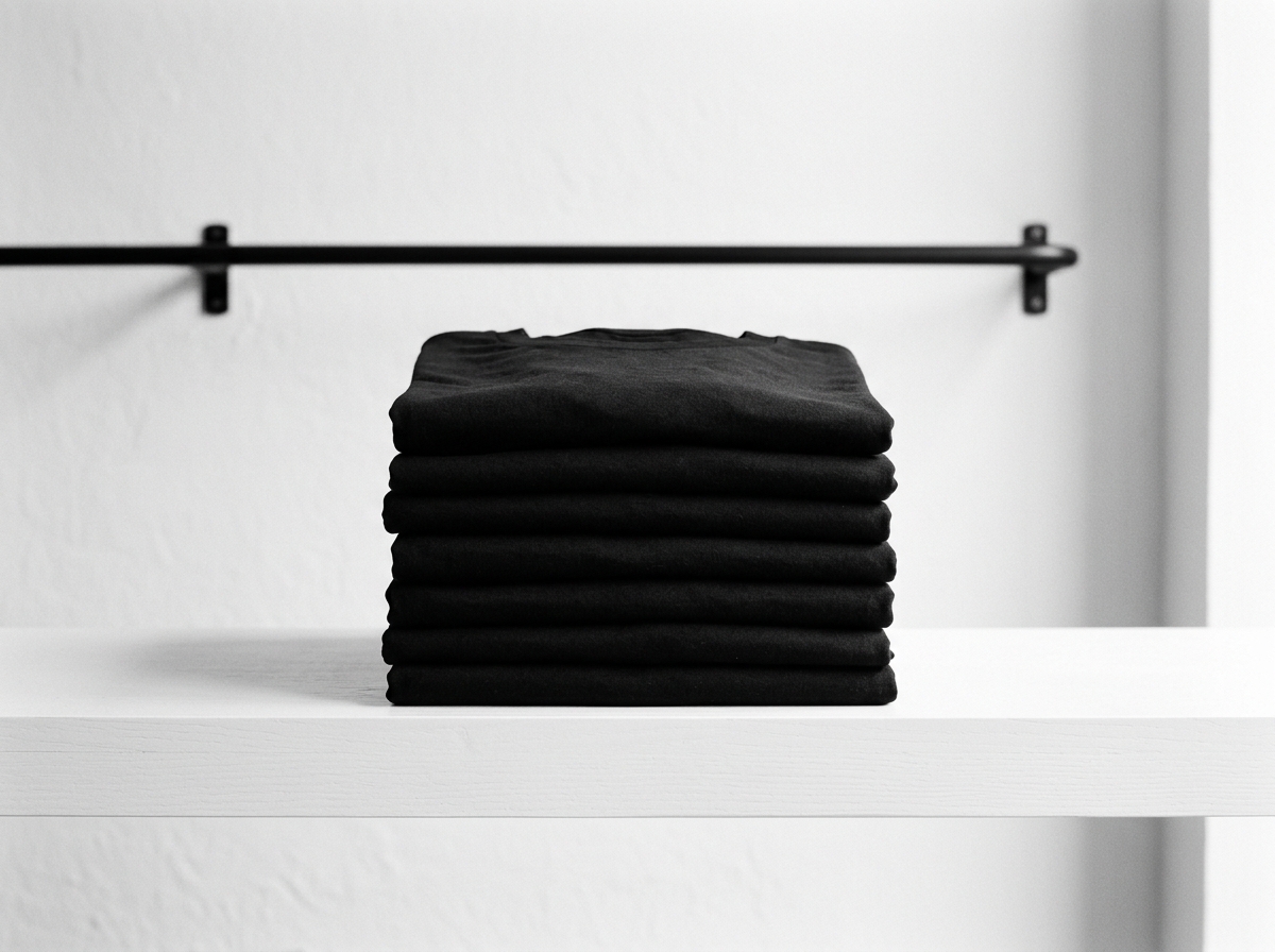 Camisetas negras dobladas en una estantería blanca